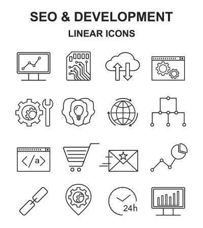 矢量SEO，开发和营销线性图标。