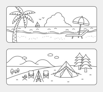 插图的海和山景观，海滩度假村和露营地