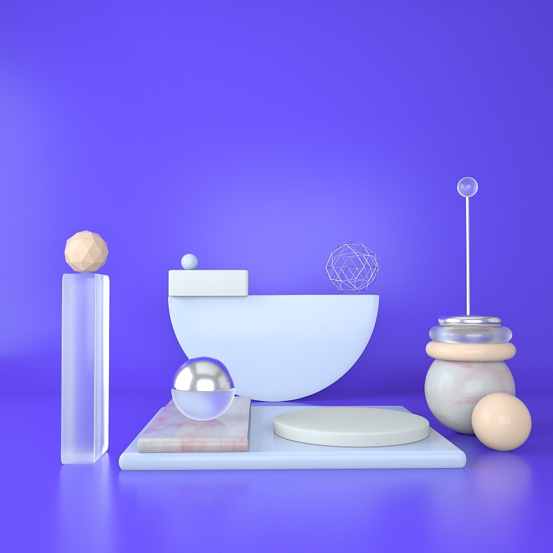 模型平台的品牌。灯光背景和大理石基座与几何形状。3 d。