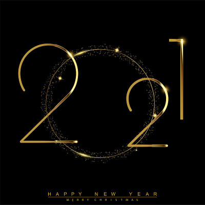 2021年新年贺卡，金色和闪闪发光的文字。向量