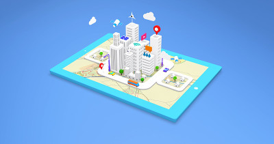 智能平板电脑上的3D建筑。未来生活与人工智能。