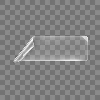 透明胶粘矩形贴纸与卷曲角模拟起来。空白不干胶透明纸或塑料不干胶标签具有卷曲、起皱效果。三维逼真矢量图