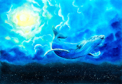 水彩画-潜水与鲸鱼在太空