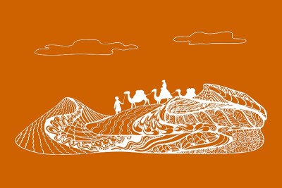 骆驼的沙丘之旅。Zenart, zentangle矢量设计，沙漠旅行概念艺术