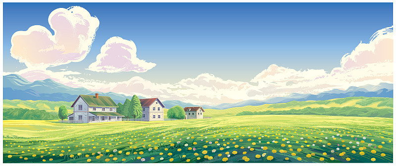 夏季乡村景观与房屋。