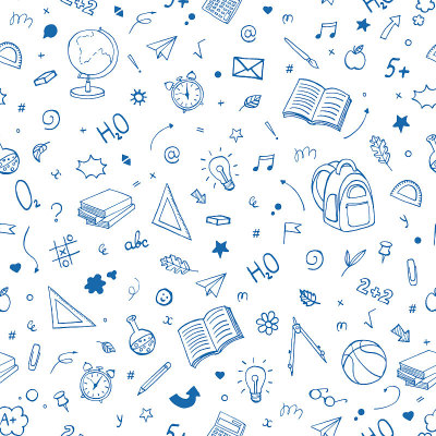 无缝图案的涂鸦学校用品与细手绘线。回到学校背景。回学校超级购物，大甩卖。矢量图
