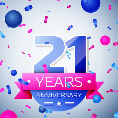 21周年庆典在灰色背景。周年丝带