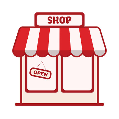 彩色商店图标上的蓝色背景，商店前面。矢量图