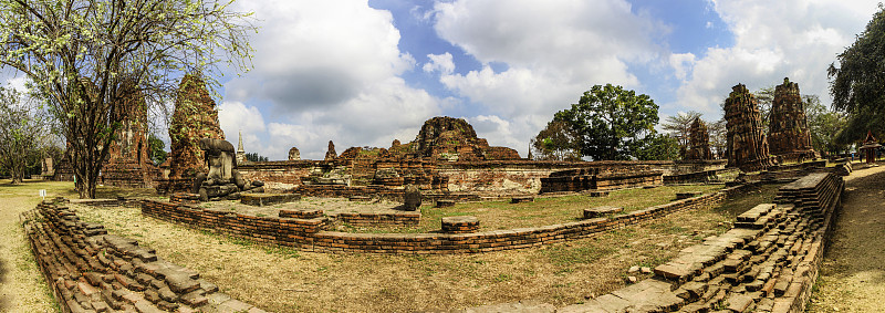 曼谷附近的大城府佛教寺庙建筑群的玛哈那寺全景。泰国