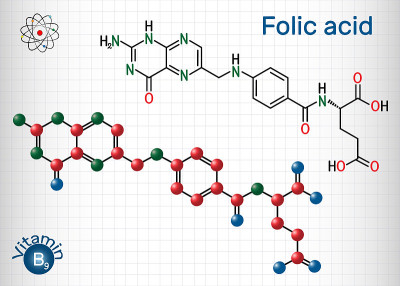 叶酸，叶酸分子。它被称为维生素B9。笼子里的一张纸。结构化学式和分子模型