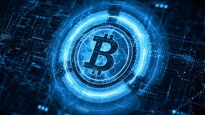 比特币区块链加密货币数字加密，数字货币交换，技术全球网络连接抽象背景概念。三维渲染