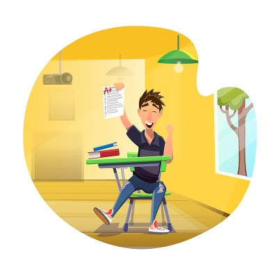 快乐的学生展示完美的考试成绩卡通