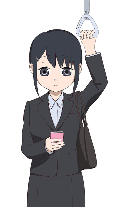 年轻女子穿着黑色套装玩智能手机