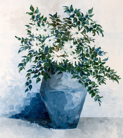紫色花瓶中的白色花束印象派油画