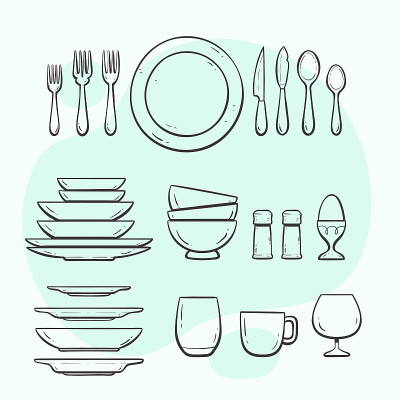 Tableware and cutlery objects. Doodle.