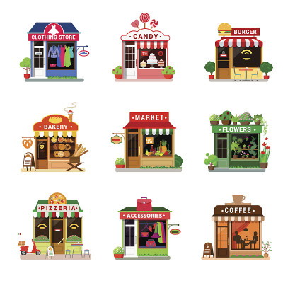 Flat style set tiny micro icon shop shop showcase 