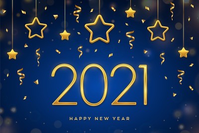 2021年新年快乐。金色金属数字2021与闪烁的金色星星在蓝色背景。新年贺卡，封面或横幅模板。节日装