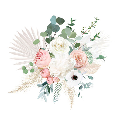 粉红花园玫瑰，银莲花，牡丹，玉兰花矢量设计花束