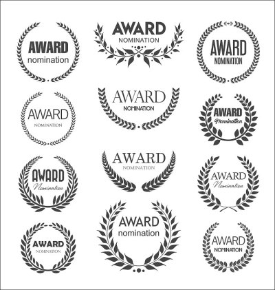 Black award signs with laurel wreath isolated on w