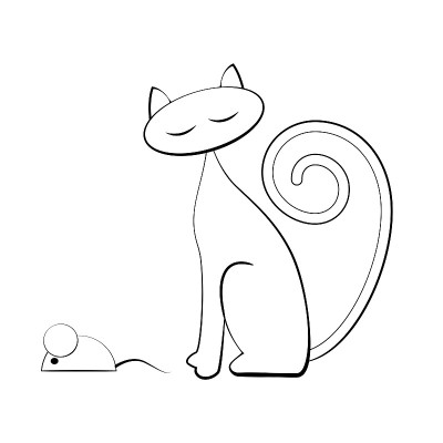 猫和老鼠的侧面。在孤立的白色背景上的黑白轮廓图像。矢量图