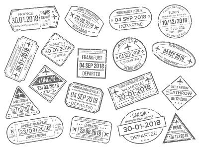 商务机场公章和海关护照管制章。外国旅游和移民护照官方邮票向量套