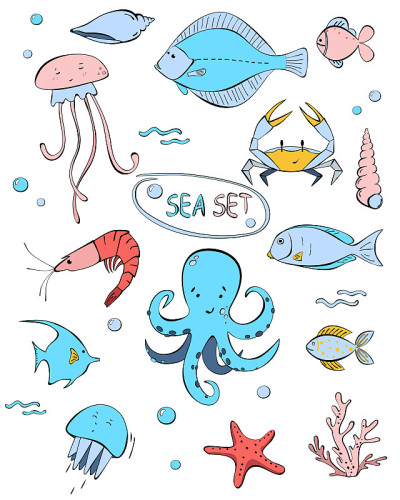 Set of cute Sea animals and water plants. Fish, oc