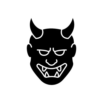 日本面具黑色字形图标。Hannya脸。日本民间传说中的邪恶的神话生物。能剧剧场属性。亚洲的纪念品。白