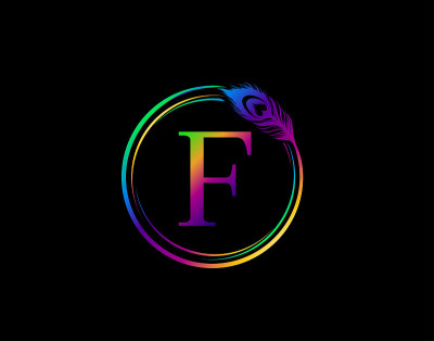 圆形孔雀羽毛F图标设计。