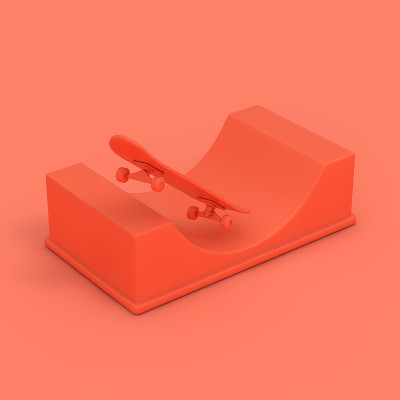 现代滑板与u型场地坡道在粉红色粘土风格。3d渲染