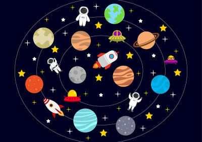 宇航员与火箭背景插图探索外太空和运动看到星星，月亮，行星，不明飞行物或小行星