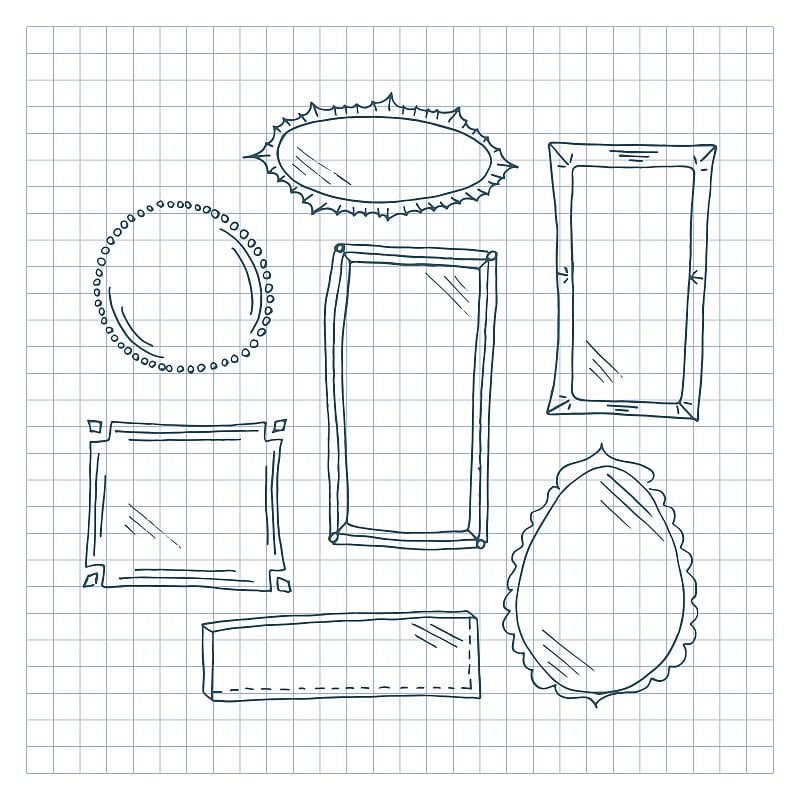 帧。简单的涂鸦框和方格背景的镜子集合。一套手绘矢量插图。
