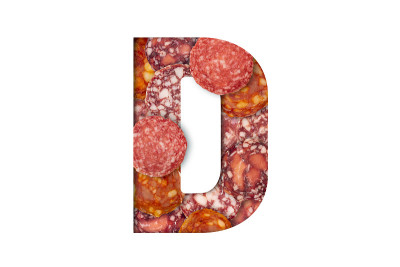 香肠字母孤立在白色背景。拉丁字母表的食物。香肠字母D