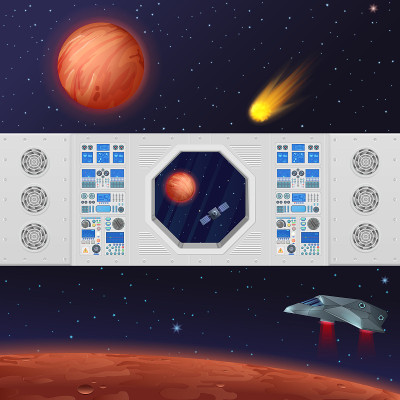 矢量插图仪表板与飞船窗口，行星与卫星在外层空间和星系飞船。