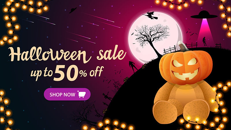 Halloween sale, up to 50% off, horizontal discount