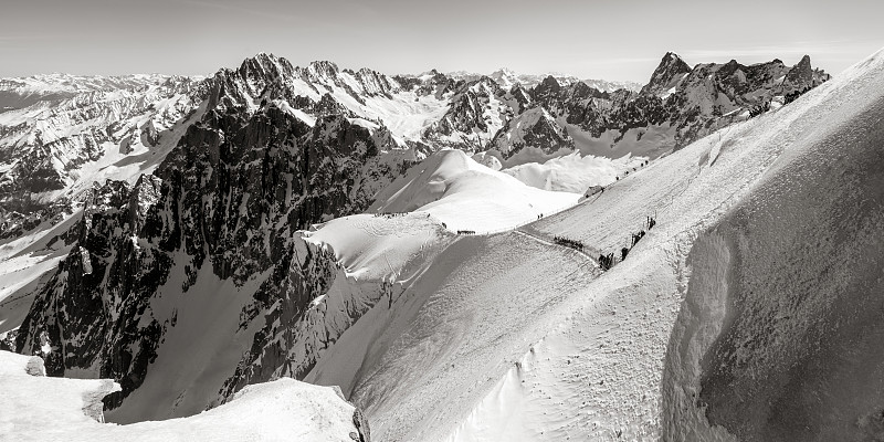 在勃朗峰，Aiguille du Midi山脊(Chamonix)极限滑雪。萨瓦省、阿尔卑斯山、法国