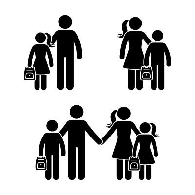 简笔人物家庭，学校男孩和女孩站在一起矢量图标插图集。回到学校的孩子们，孩子，儿子，女儿，父亲，母亲，