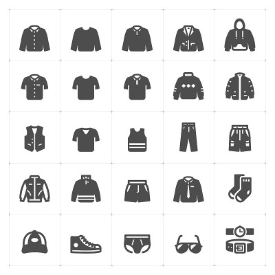 图标集-服装男子填充图标风格矢量插图上的白色背景