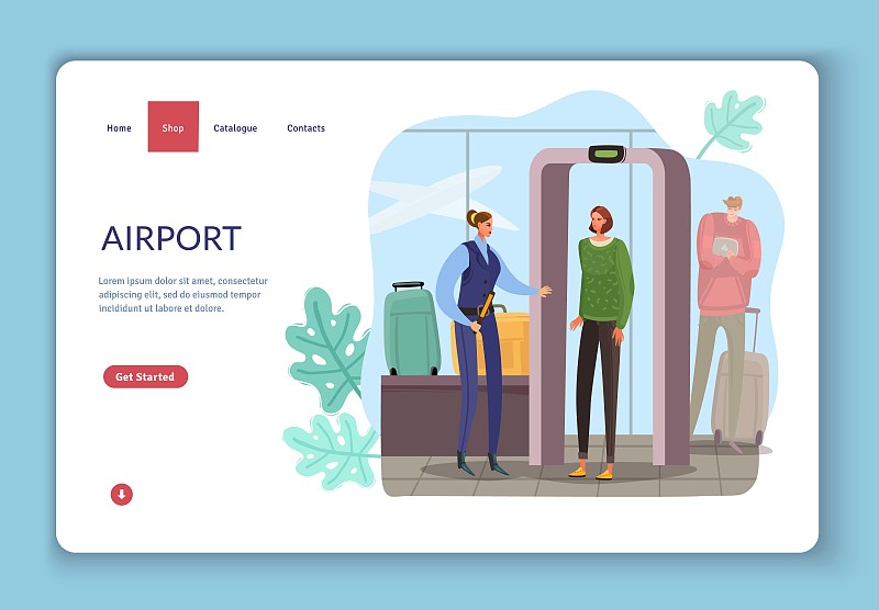 乘客卡通登陆页面。一名乘客通过金属探测器的着陆页。女保安扫描旅客。矢量图