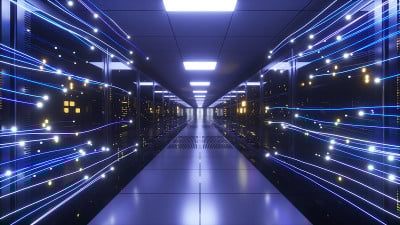 数字信息通过数据中心或互联网服务提供商的服务器室玻璃板后的网络和数据服务器流动。高速数字线路。三维演
