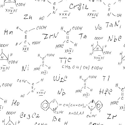 化学无缝模式与手写的各种公式和分子结构和图表。原子几何。大学讲座。科学研究如炼金术。向量。