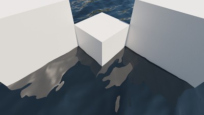 角到角的白色立方体在海洋的波浪侧面视图