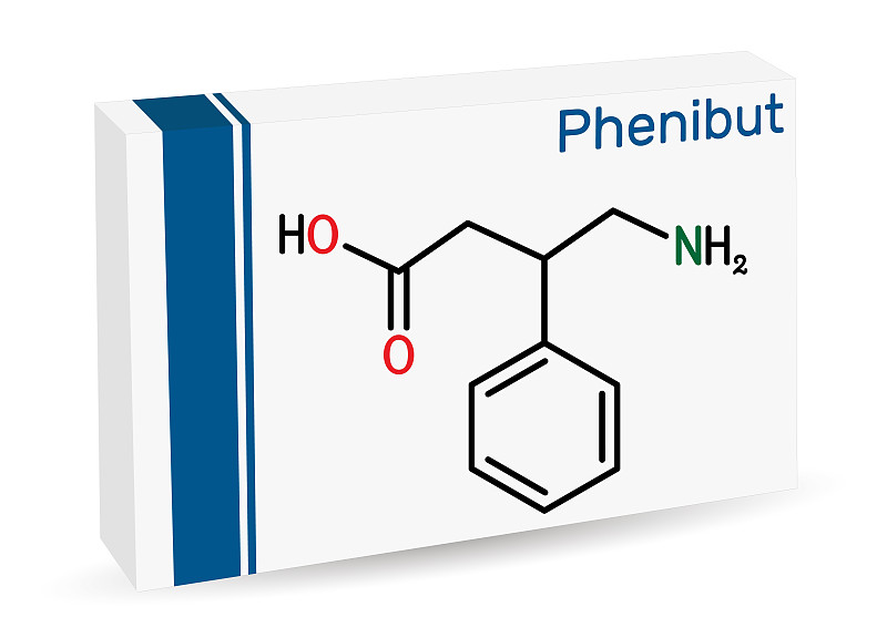 Phenibut分子。它是一种中枢神经系统抑制剂，具有抗焦虑和镇静作用。骨化学公式。纸制药品包装
