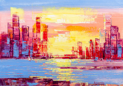 摩天大楼的艺术绘画。抽象风格。城市全景。