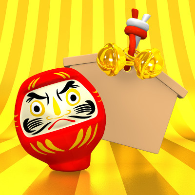 空的还愿画和金色背景的达摩娃娃
