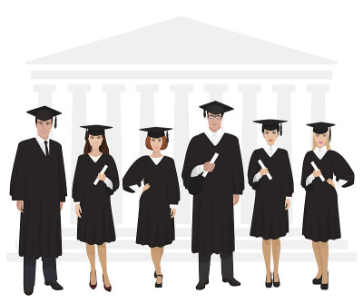 年轻的男孩和女孩们站在大学前面