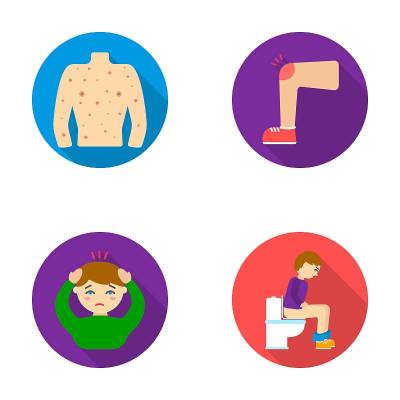 人体上满是溃疡、疖子、红疹、一个男人的膝盖上有淤青、一个有头痛和星号的病人、一个有胃病的人坐在马桶上