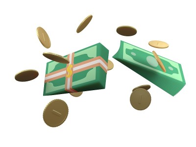 3d货币和硬币漂浮在空间上的石榴背景