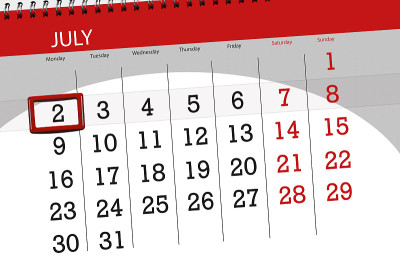 日历计划的月，截止日的一周，星期一，2018年7月2日