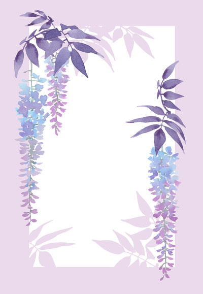 装饰长方形框架与花卉水彩元素，紫藤在盛开。