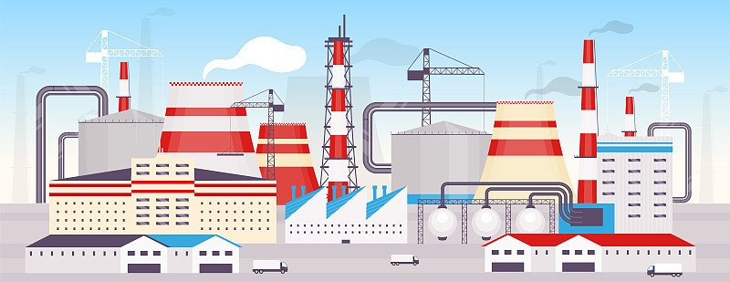 工业动力装置平面彩色矢量插图。能源站2D卡通景观与建筑起重机和烟囱的背景。现代化的制造设施、发电工厂